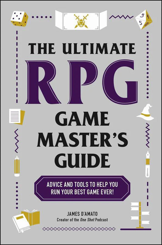 The Ultimate RPG Game Masters Guide book cover with gaming icons and bold purple and black text on a gray background.