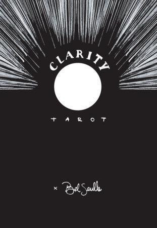 Clarity Tarot deck with black and white cover, radiant lines, bright circle, and the deck name at the bottom.