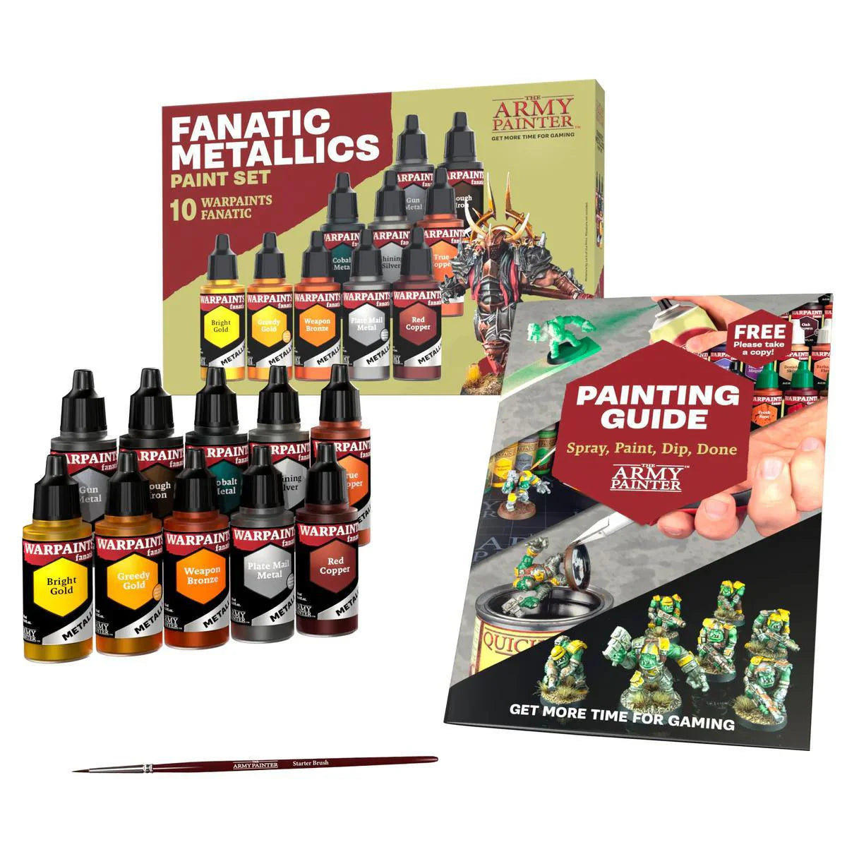 Warpaints Fanatic Metallics Paint Set with 10 paints, one brush, and a miniature painting guide.