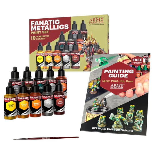 Warpaints Fanatic Metallics Paint Set with 10 paints, one brush, and a miniature painting guide.