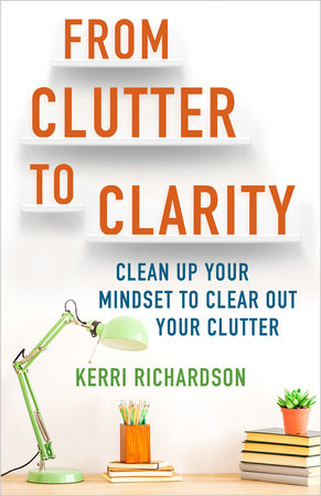 From Clutter to Clarity book cover with green lamp, books, and orange text on a white background.