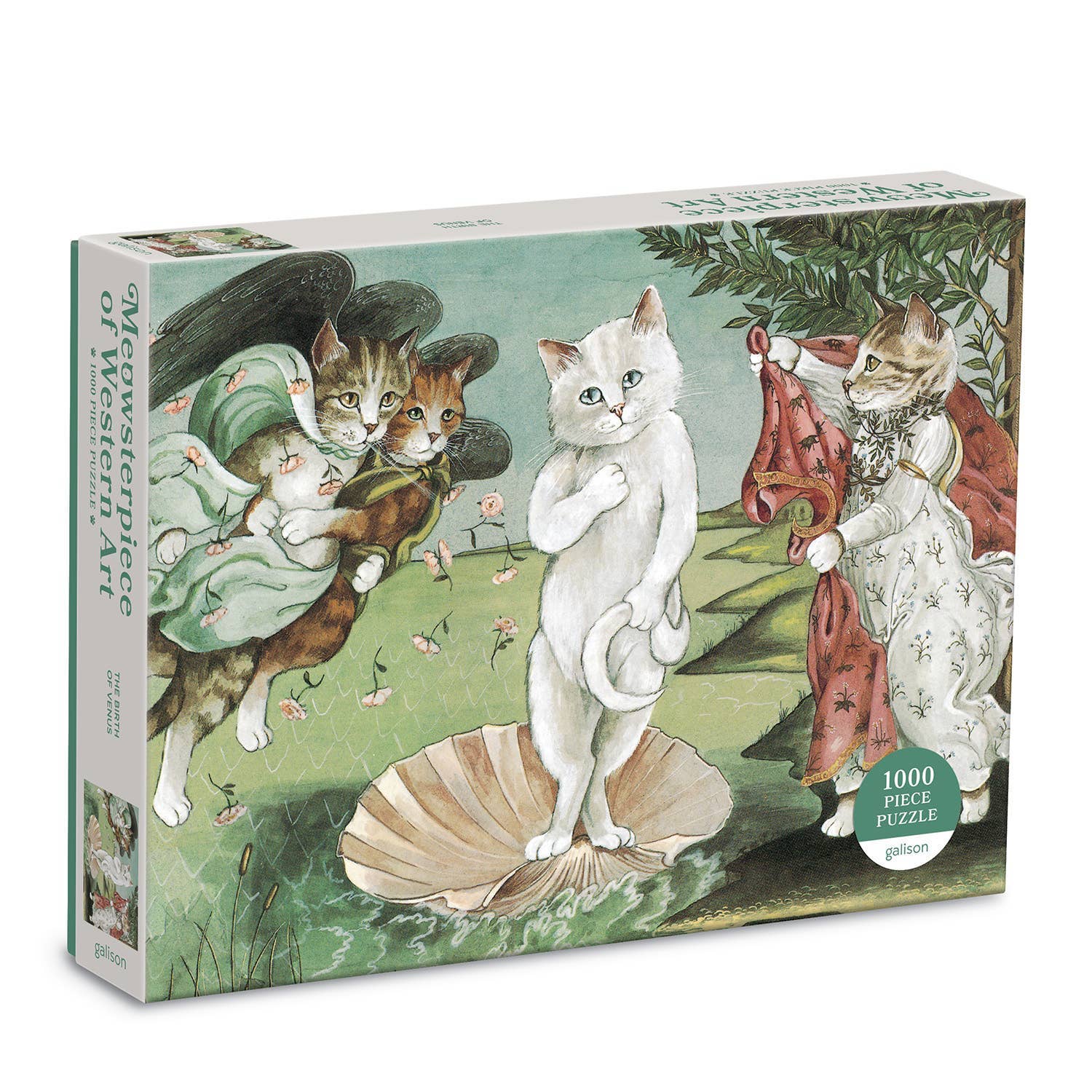 Birth of Venus Meowsterpiece 1000-piece puzzle featuring three cats in Renaissance outfits, Botticelli-inspired.