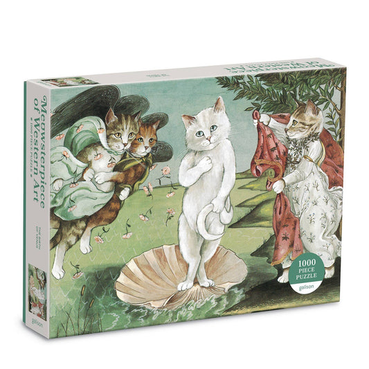 Birth of Venus Meowsterpiece 1000-piece puzzle featuring three cats in Renaissance outfits, Botticelli-inspired.