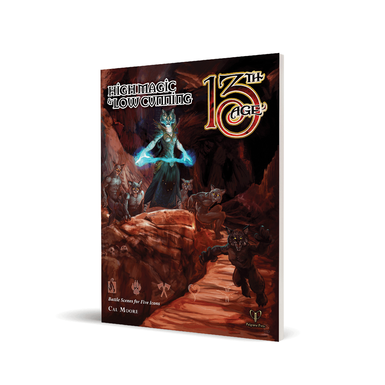The 13th Age: High Magic & Low Cunning book cover showing a spellcaster and beasts in icon-themed encounters.