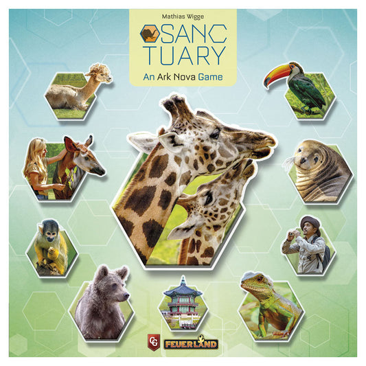 Sanctuary: An Ark Nova Game board cover featuring two giraffes, people, and animals.