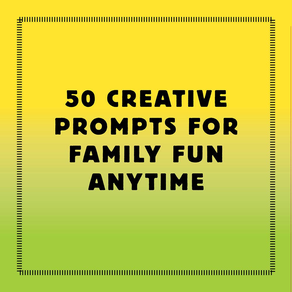 Spark Family Creativity card set—50 play prompts for screen-free family activities in yellow-green packaging.