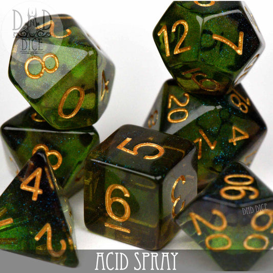 Green resin RPG dice set with gold numbers, labeled Acid Spray at the bottom.