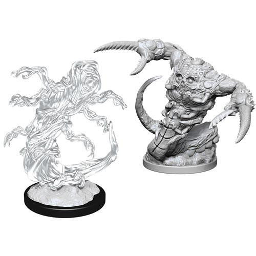D&D Nolzurs W14 minis: Tsucora Quori and Hashalaq Quori, unpainted ghostly and horned monster figures.