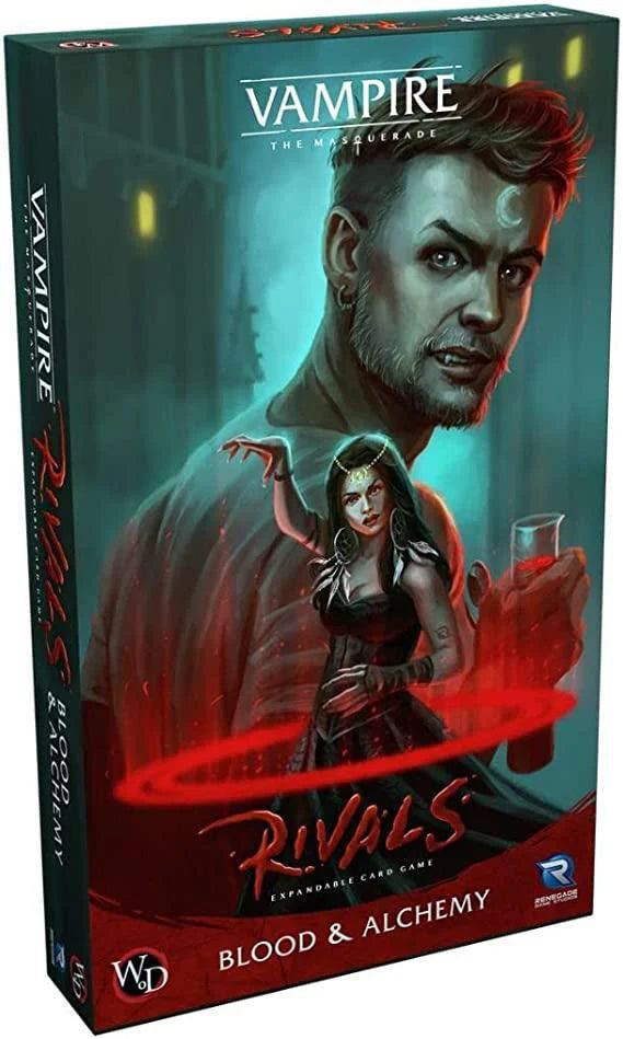 Vampire The Masquerade Rivals ECG: Blood & Alchemy Expansion box showing Tremere, Thin-bloods, and red glow.