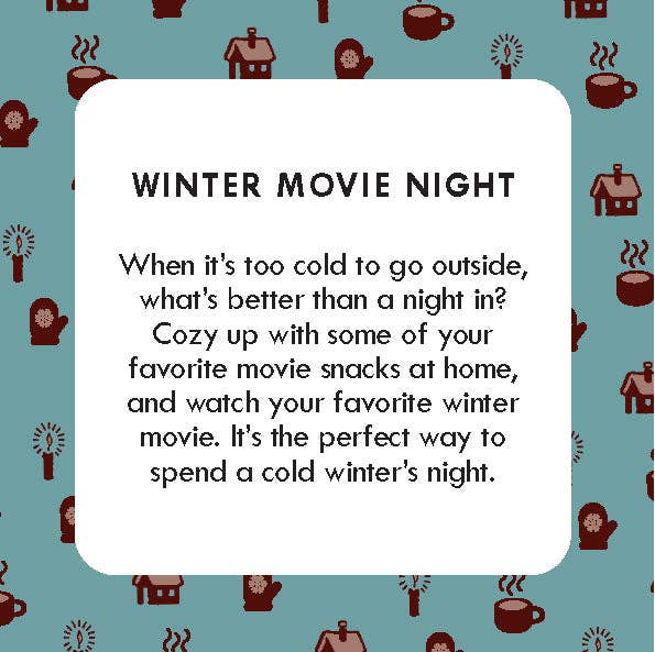 Text card labeled Cozy Days featuring cozy icons, intended for family game night or indoor winter activities.