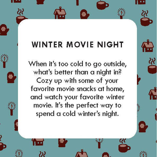 Text card labeled Cozy Days featuring cozy icons, intended for family game night or indoor winter activities.