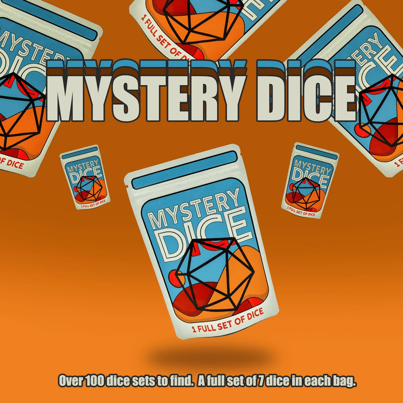 Mystery Dice set containing 7 polyhedral dice, available in over 100 unique themed variants.
