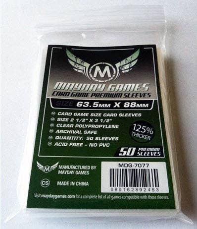 Premium Card Game Sleeves, 50 Pack, 63.5 x 88 mm, dark green, shown in original packaging.