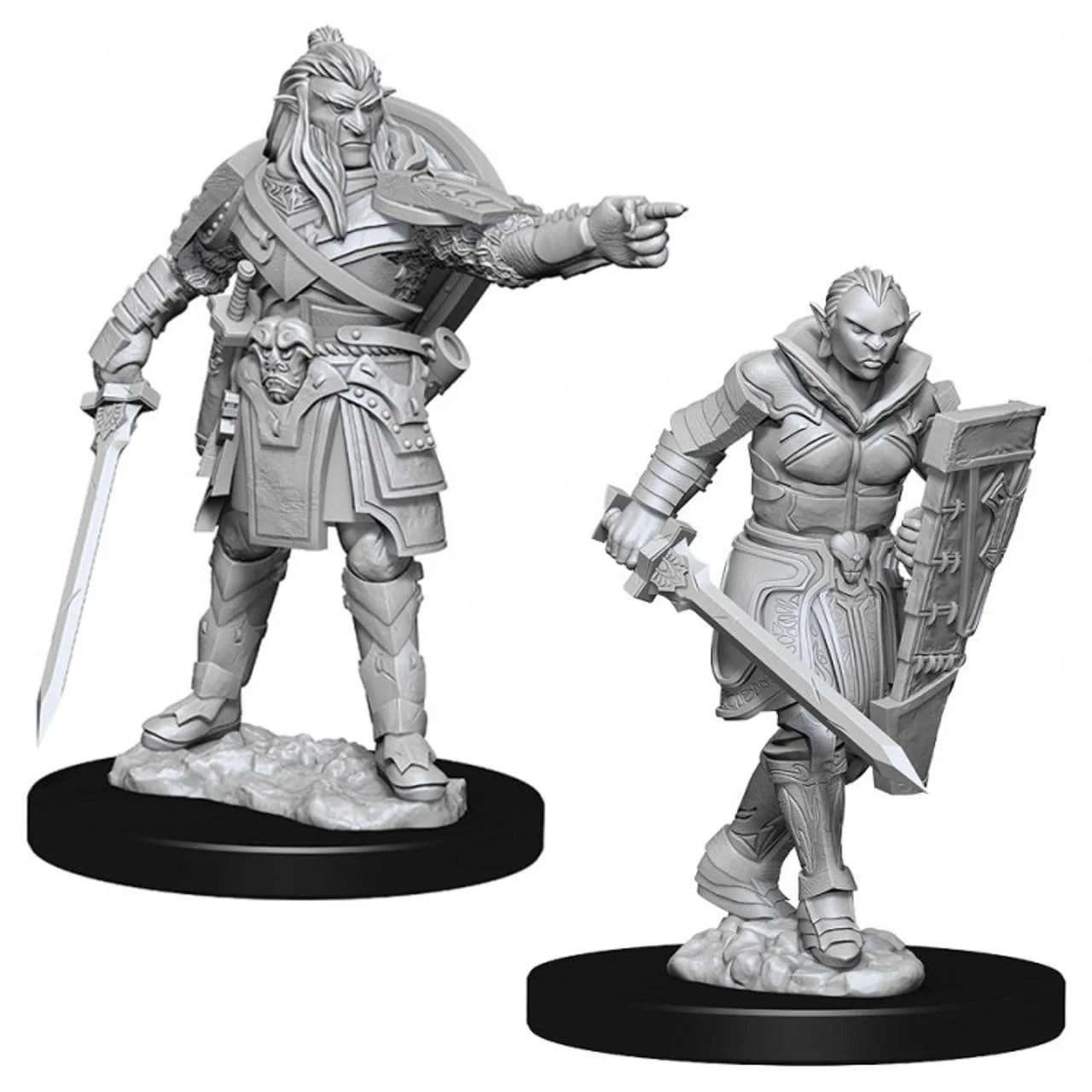 D&D: NMU: Hobgoblins W8 miniatures set with an armored hobgoblin warrior and a shielded elf, each on a base.