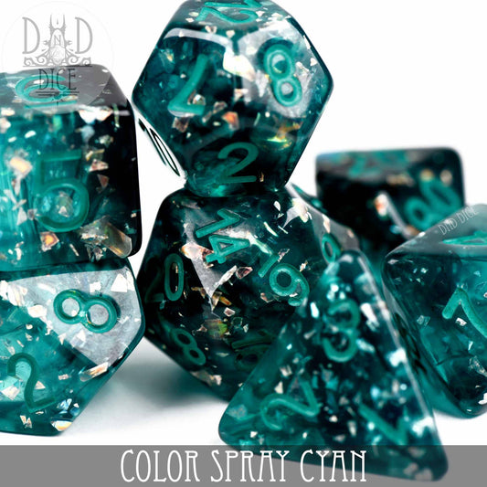 Color Spray Cyan 7-dice set, sparkling cyan resin with teal numbers.