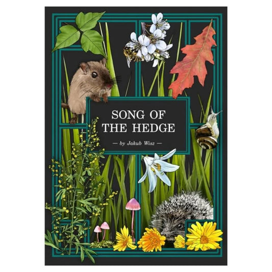Herbalists Primer Adventure Song of the Hedge book cover featuring grass, flowers, leaves, hedgehog, rodent, bee, mushrooms.