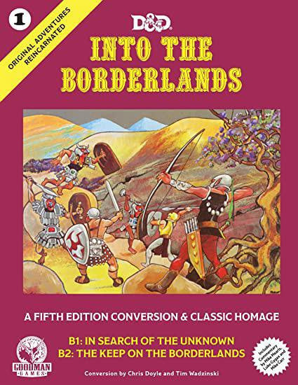 Into the Borderlands D&D OAR 1 cover featuring adventurers, monsters, and a castle; classic module edition.