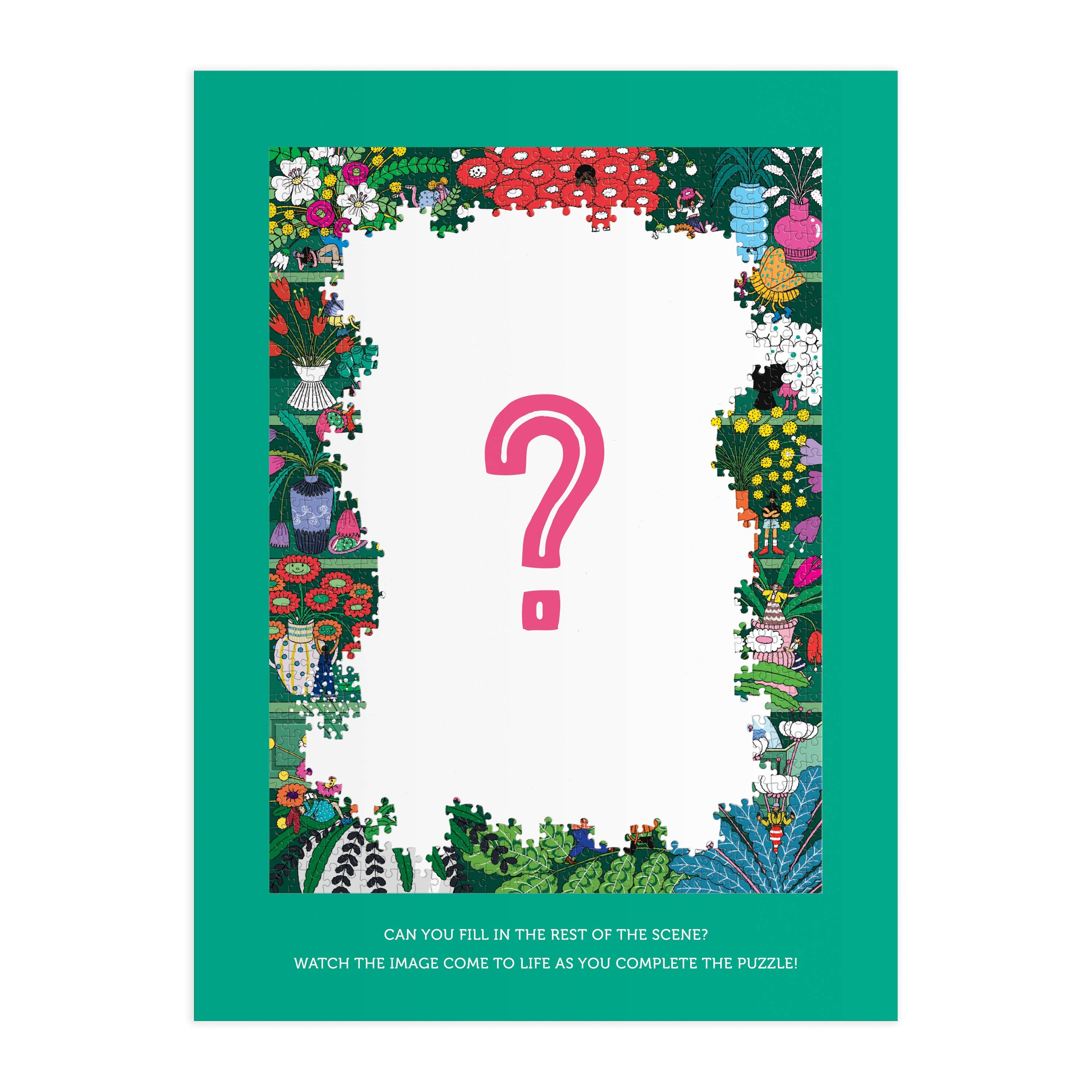 Shelf Life 1000 Piece Surprise Puzzle, partially completed, showing a large pink question mark and teal border.