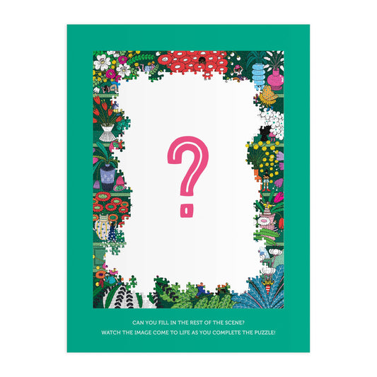 Shelf Life 1000 Piece Surprise Puzzle, partially completed, showing a large pink question mark and teal border.