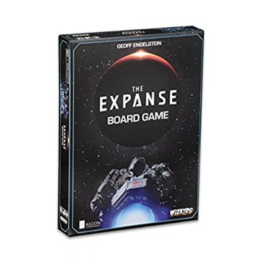 The Expanse board game box featuring experimental ships, a planet, and an astronomical phenomenon in space.