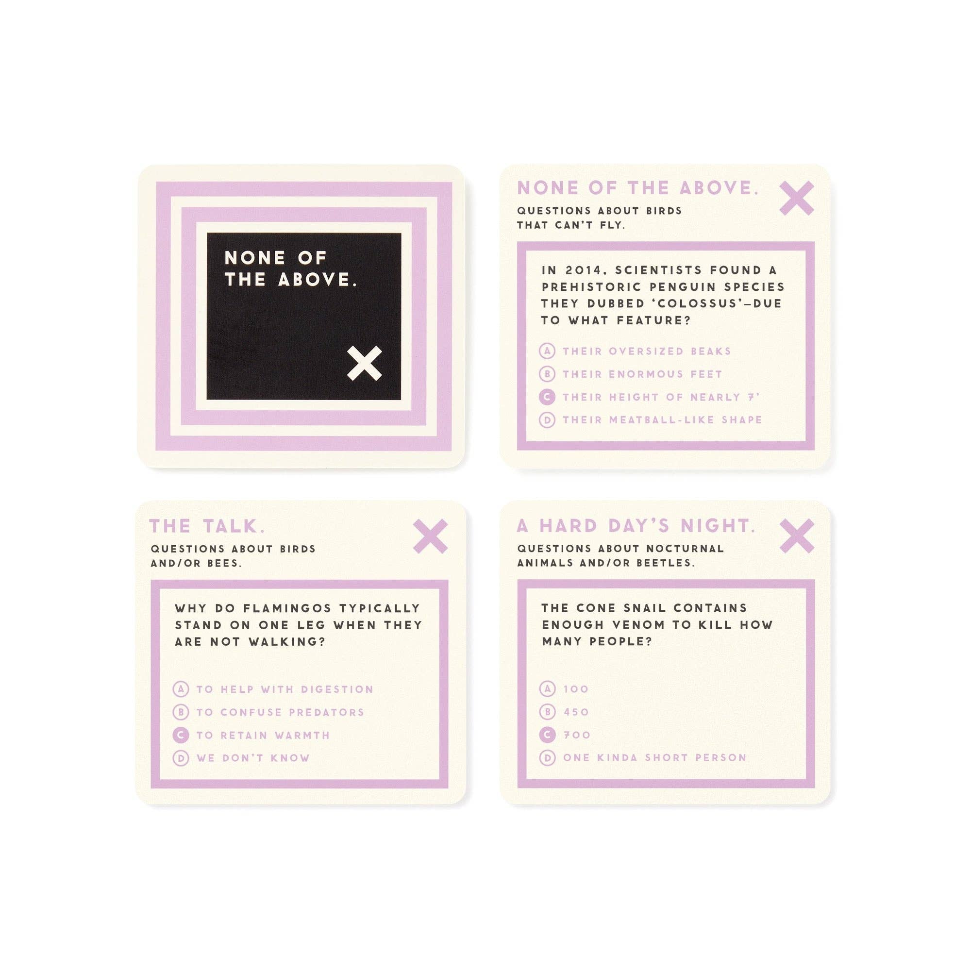 Brass Monkey Useless Animal Trivia game: four cards with animal facts and multiple-choice answers.