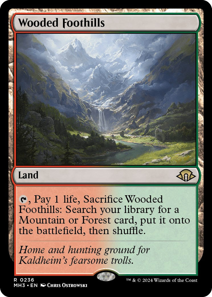 Wooded Foothills [MH3 - 236] Magic: The Gathering card showing mountain and forest valley landscape.