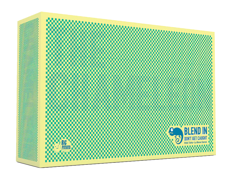 The Chameleon board game box, green and yellow checkered, with chameleon graphic and Blend In: Dont Get Caught text.