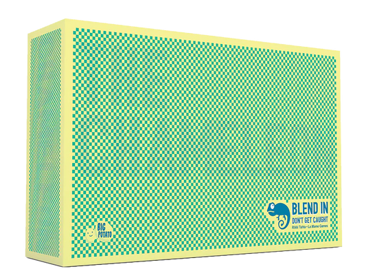 The Chameleon board game box, green and yellow checkered, with chameleon graphic and Blend In: Dont Get Caught text.