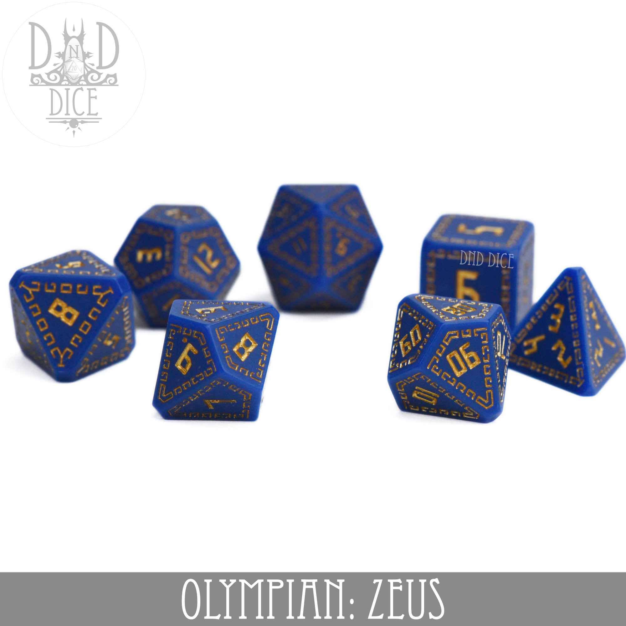 Olympian: Zeus blue and gold 7-dice set with Greek markings.