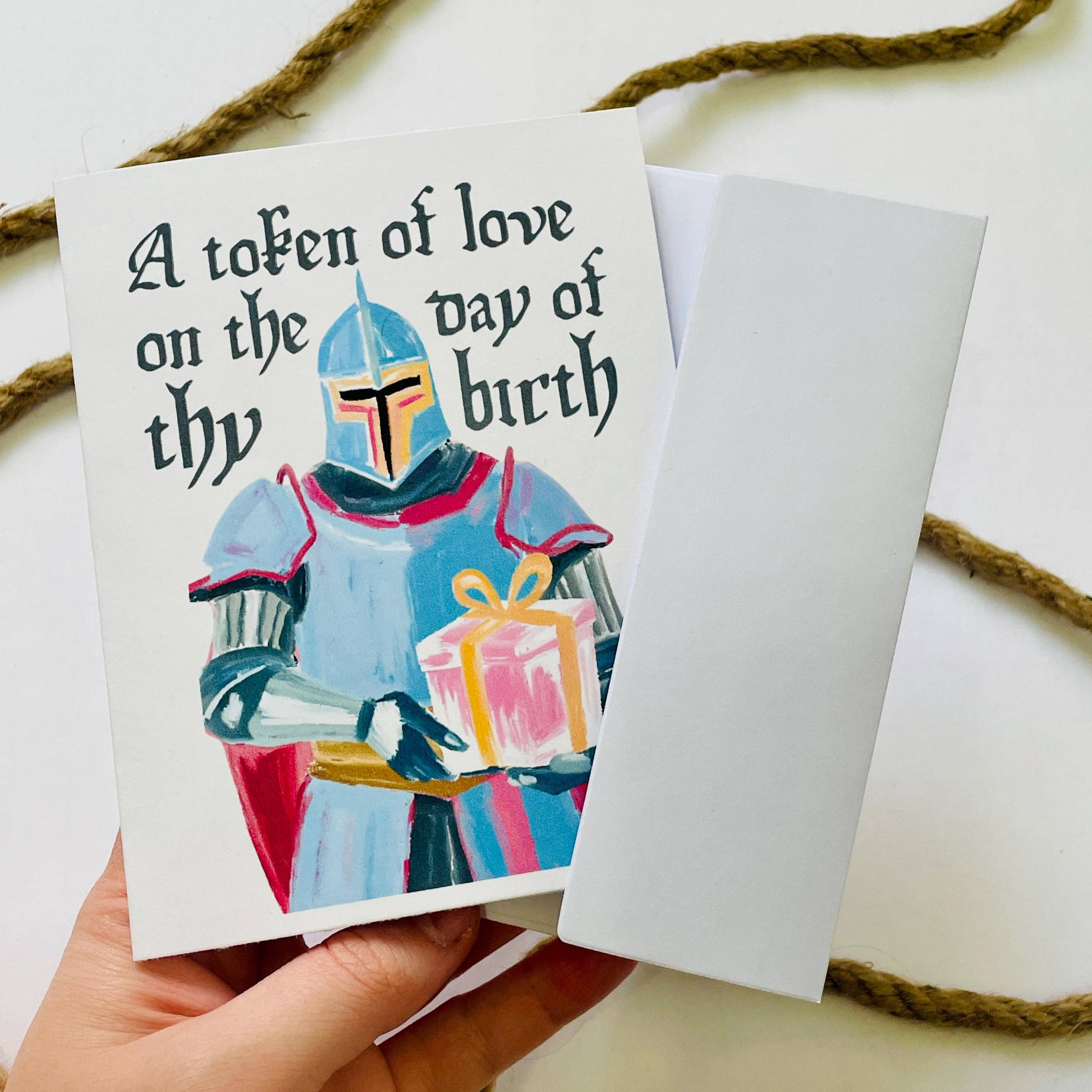 Medieval & Renaissance Role-Playing Birthday Card featuring a knight and the text: A token of love on thy birthday.