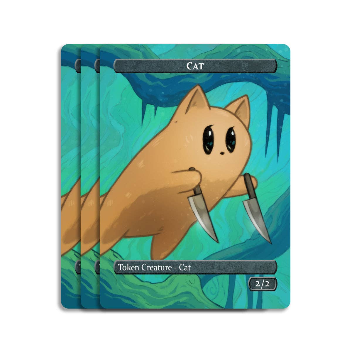 Blue-green 2/2 Token Card from the Rabbit & 2/2 Cat Token Set featuring a cat holding knives.