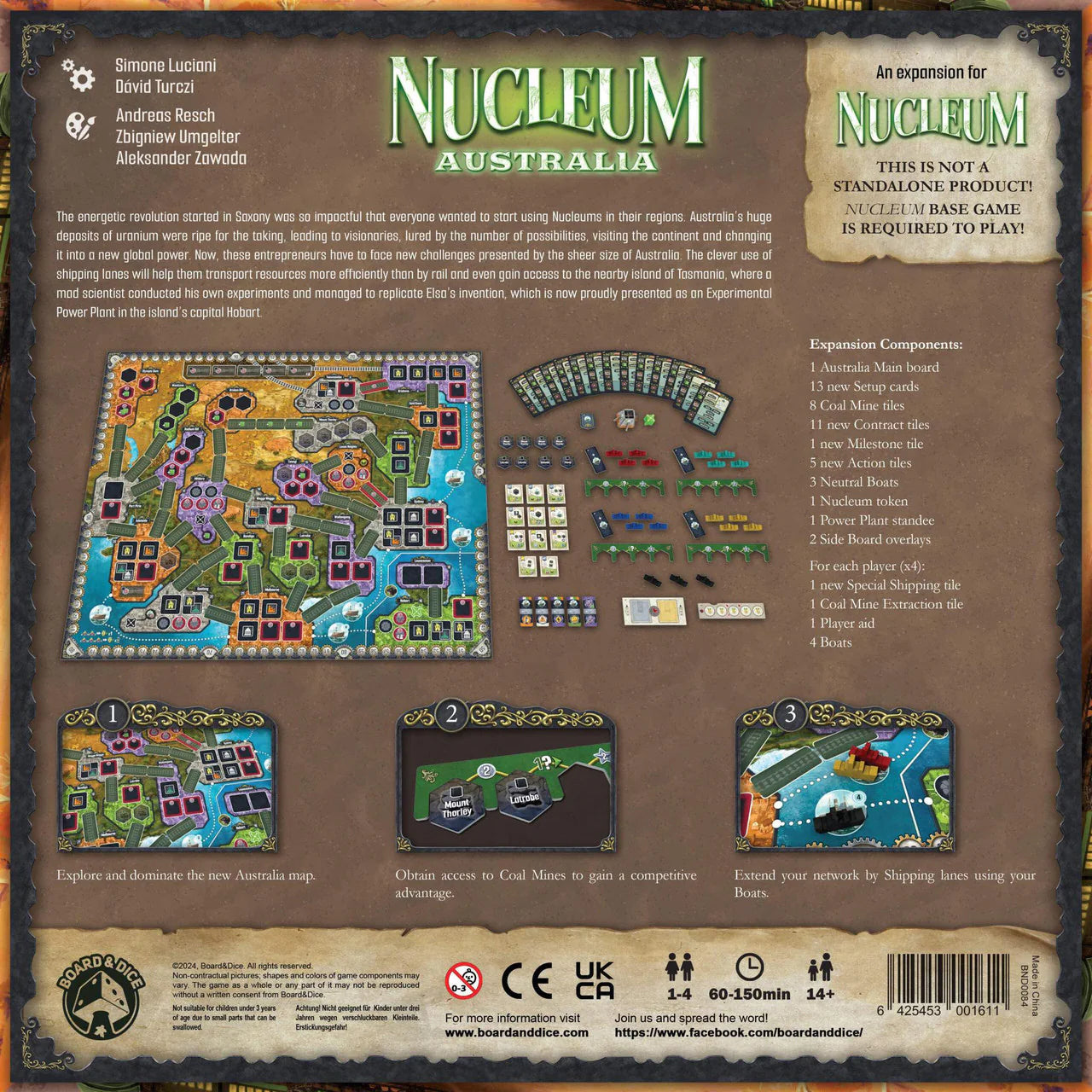 Back of Nucleum Australia Expansion showing uranium deposits, new components, setup guide, and game overview.