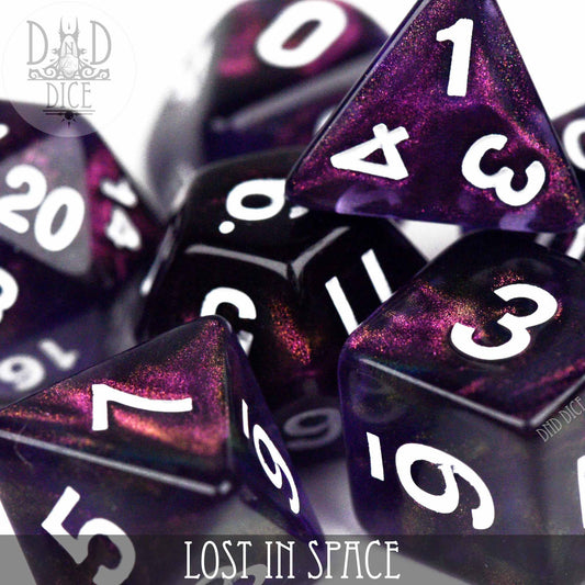 Purple sparkly acrylic tabletop dice set with white numbers, Lost in Space variant.