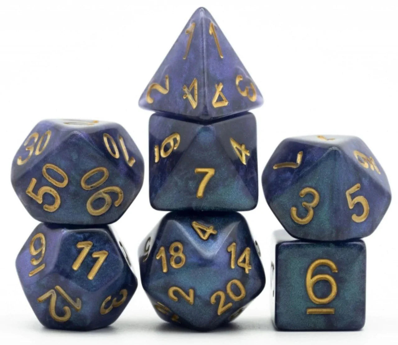 Six Caribbean Cruise RPG dice, blue-purple with gold numbers, stacked in a pyramid on white background.