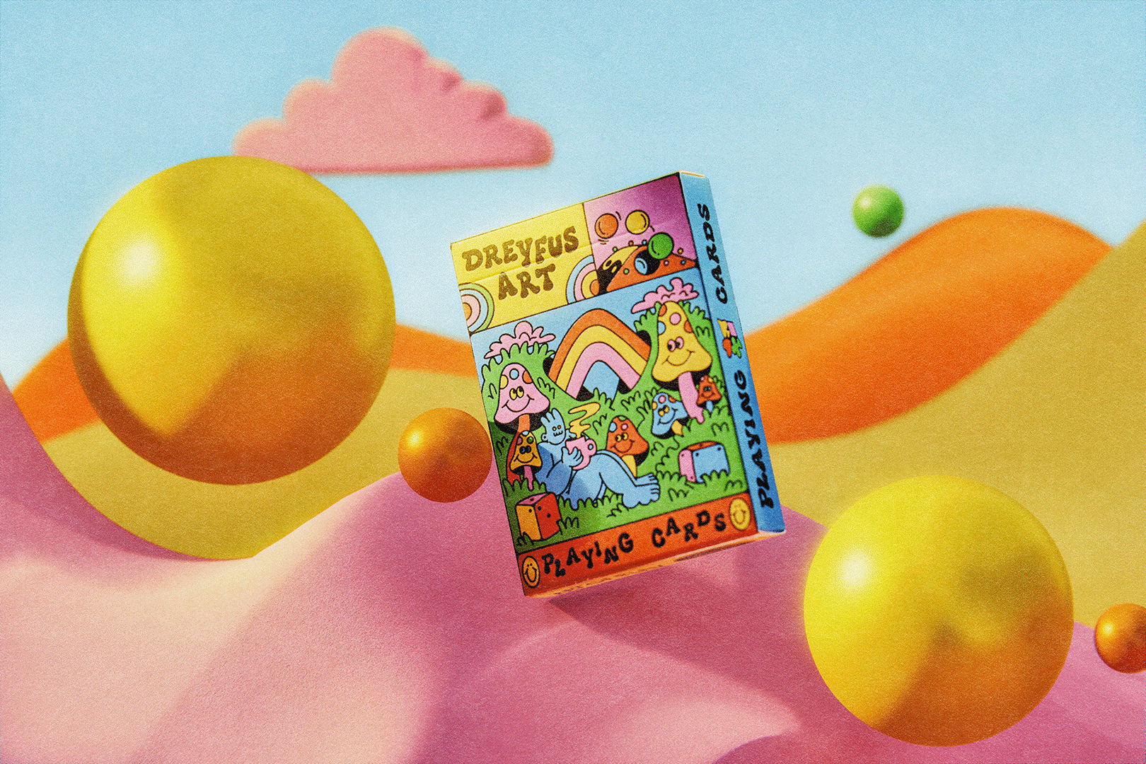 Dreyfus Art Playing Cards with psychedelic mushroom, rainbow, and cartoon character artwork.