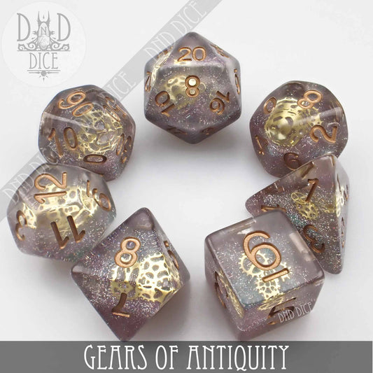 Gears of Antiquity glittery resin 7-dice set with gold numbers and gear designs for DND.
