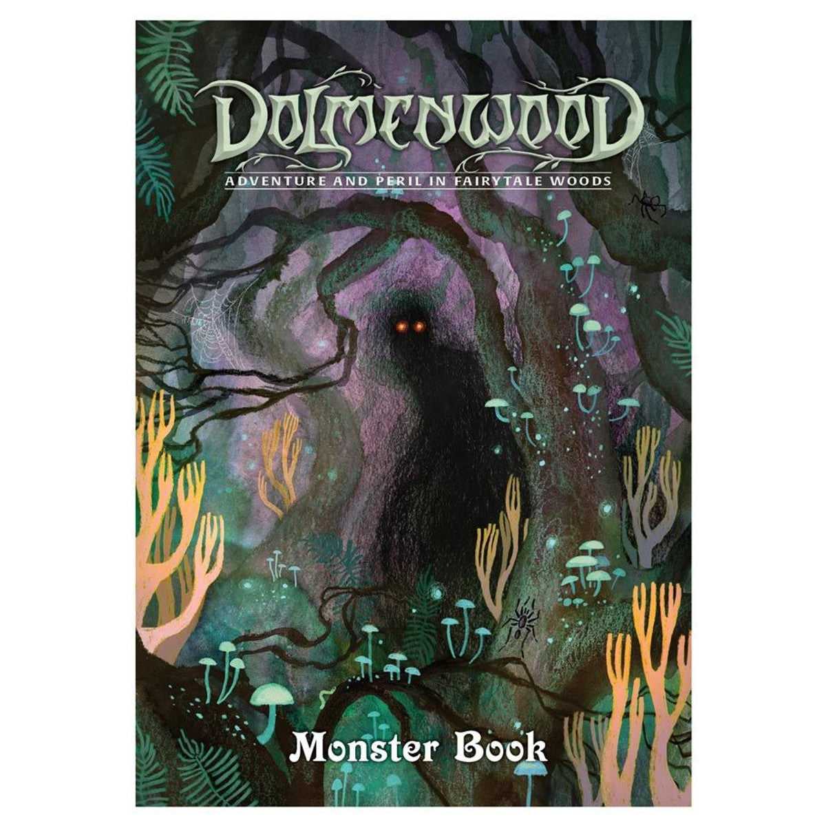 Dolmenwood: Monster Book cover featuring a glowing-eyed beast in a British folklore-inspired forest.