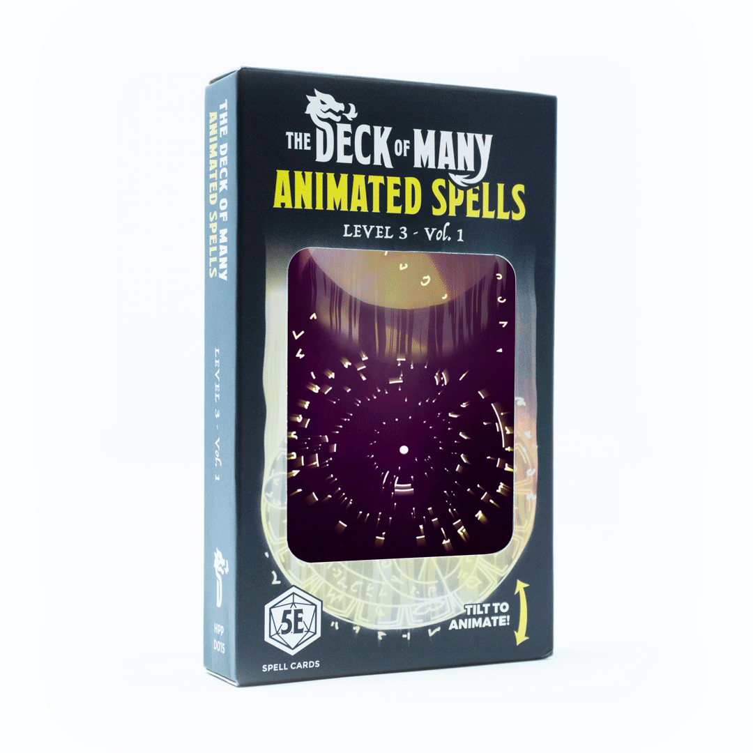 Animated Spells: Level 3 Vol. 1 - 5e box with D&D reference cards and glowing magic circle design.