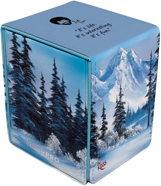 Blue Deck Box Alcove Flip HC Bob Ross edition featuring snowy mountains, pine trees, quote, and silhouette design.