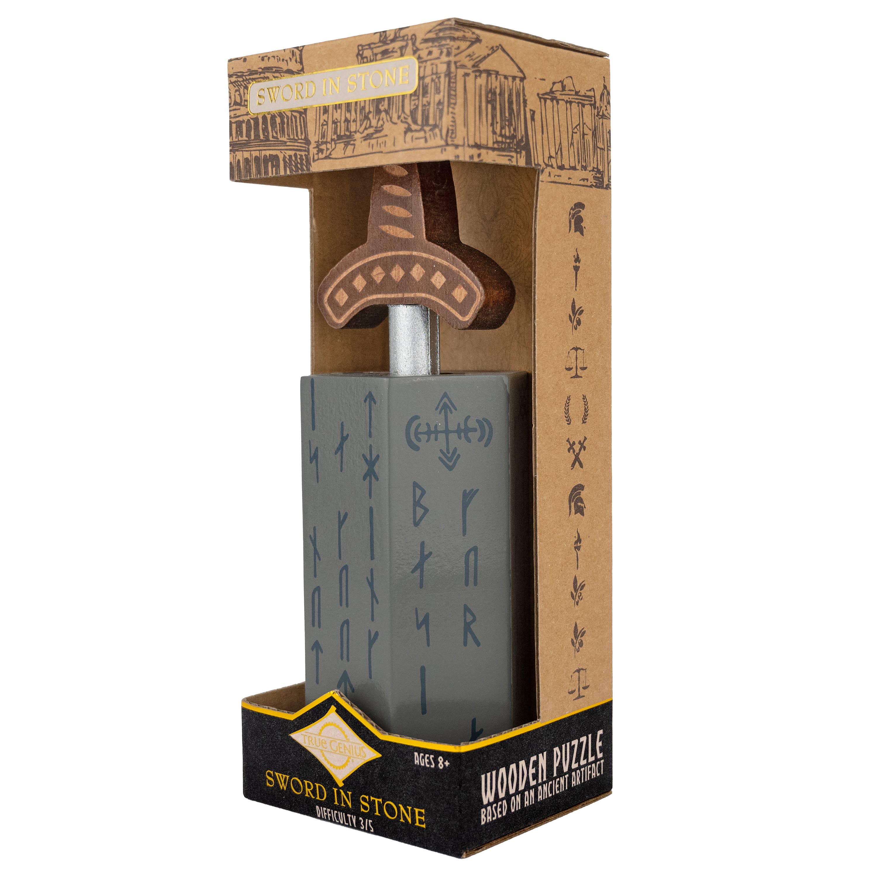 True Genius Sword in the Stone Puzzle, a boxed wooden brainteaser with runic designs, shaped like a sword in stone.