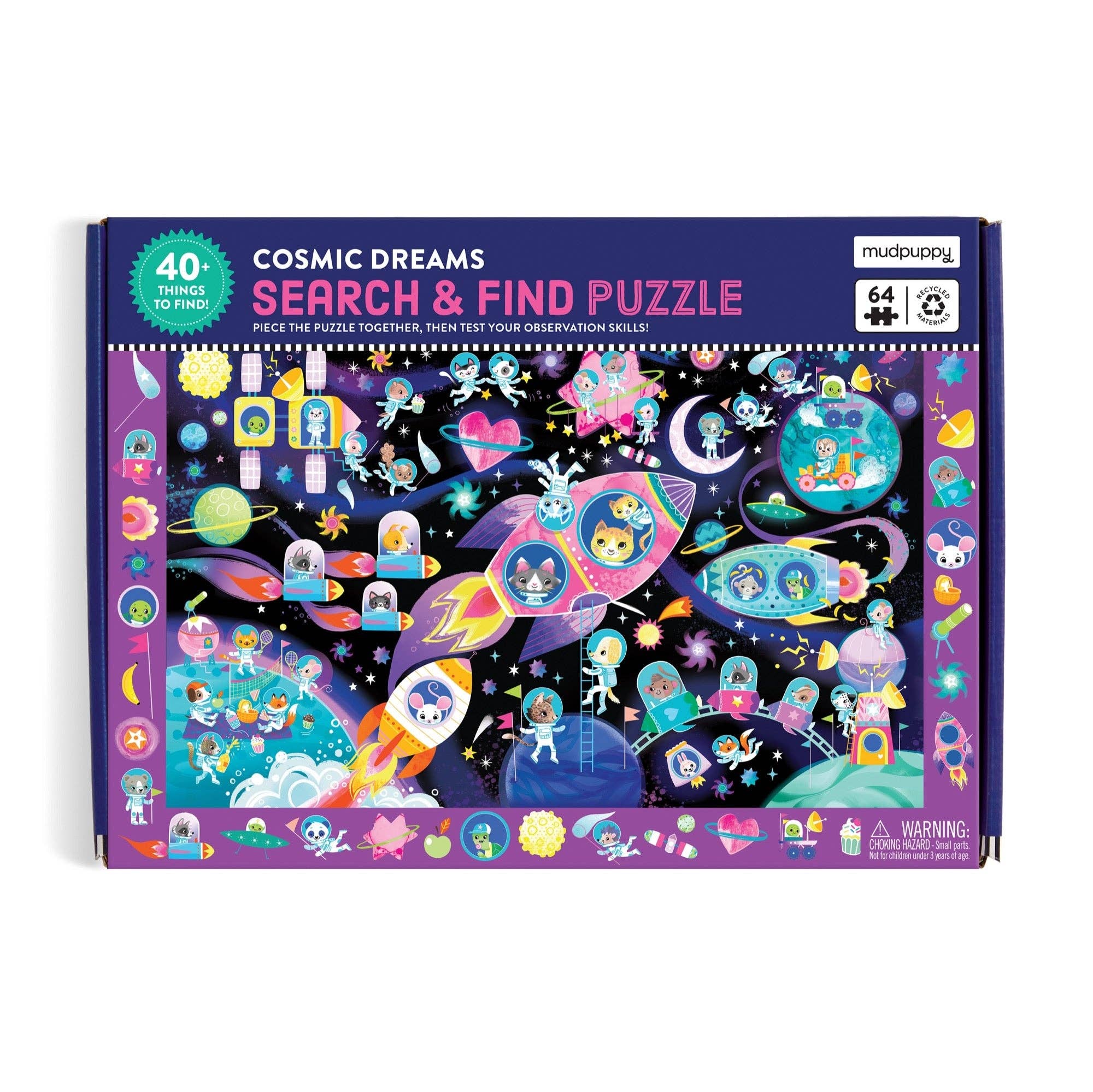 Cosmic Dreams 64 Piece Puzzle featuring space scenes and search-and-find characters in each box.