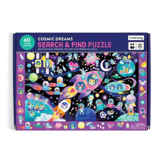 Cosmic Dreams 64 Piece Puzzle featuring space scenes and search-and-find characters in each box.