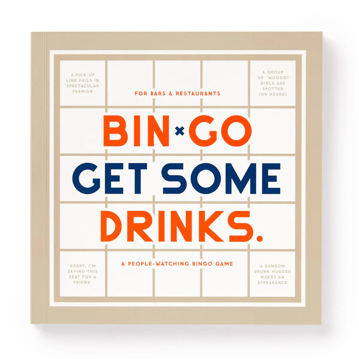 BinGo Get a Few Drinks square book cover, bold text on restaurant bingo board background for bars and restaurants.