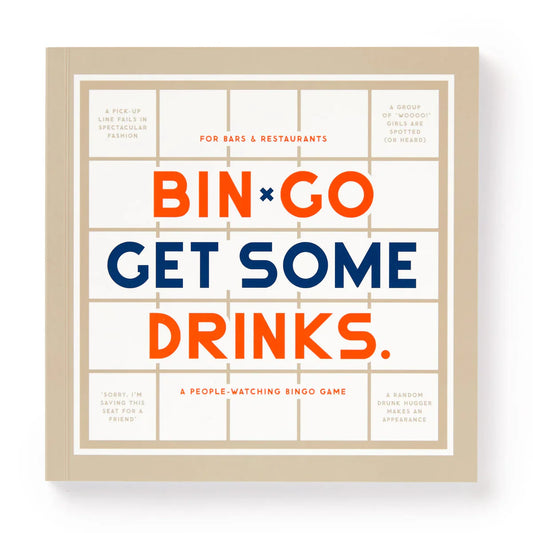 BinGo Get a Few Drinks square book cover, bold text on restaurant bingo board background for bars and restaurants.