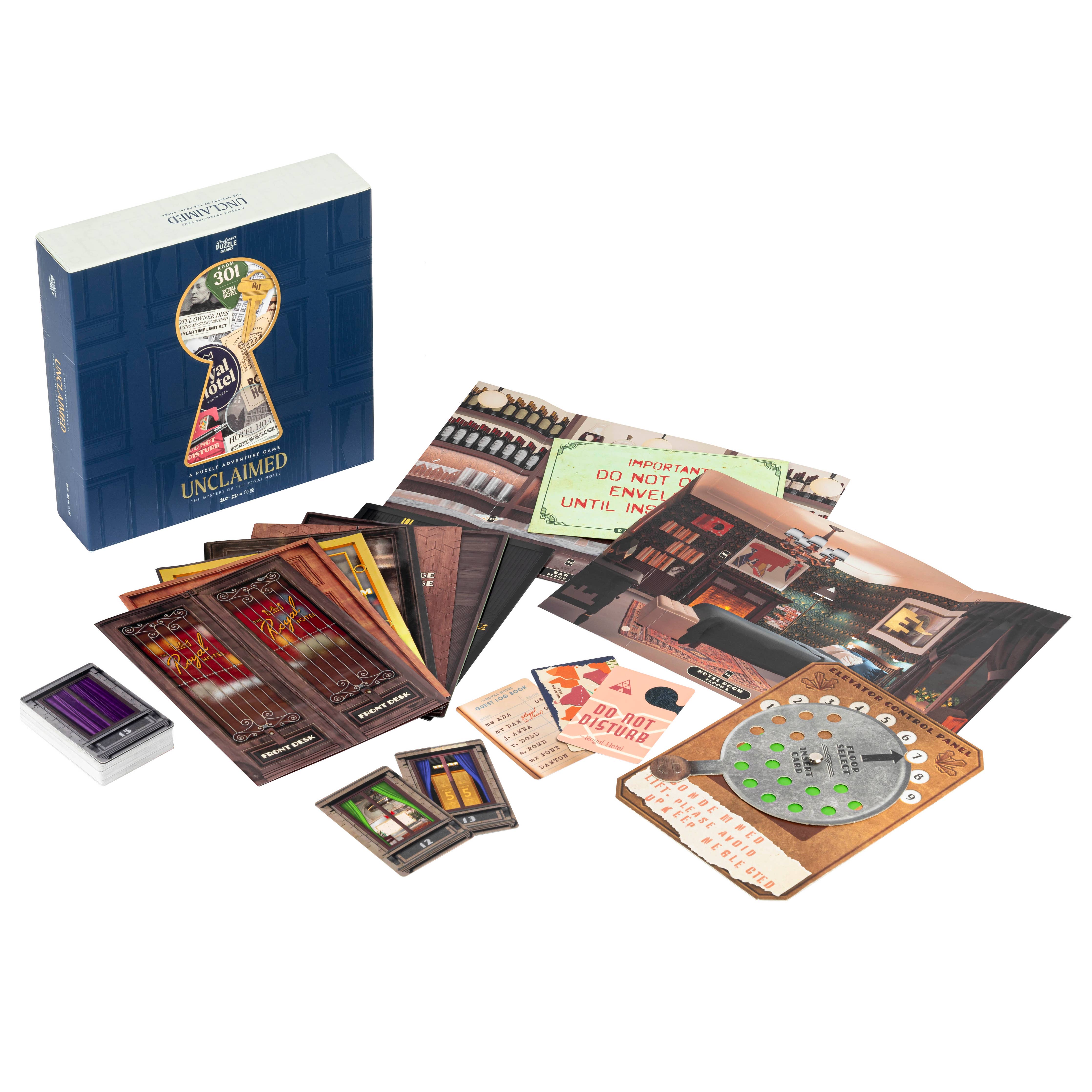 Unclaimed puzzle-solving adventure game: box, cards, character sheets, and elevator control panel board.