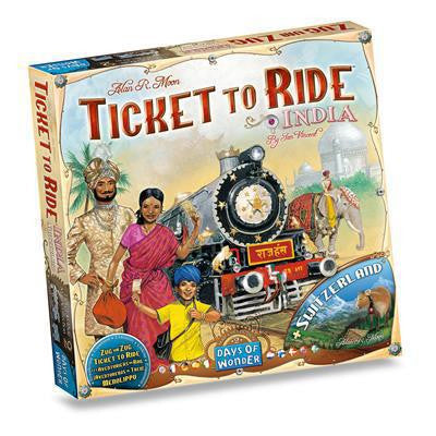 Ticket to Ride: India Map Collection 2 box with India and Switzerland maps, train, and people in Indian attire shown.