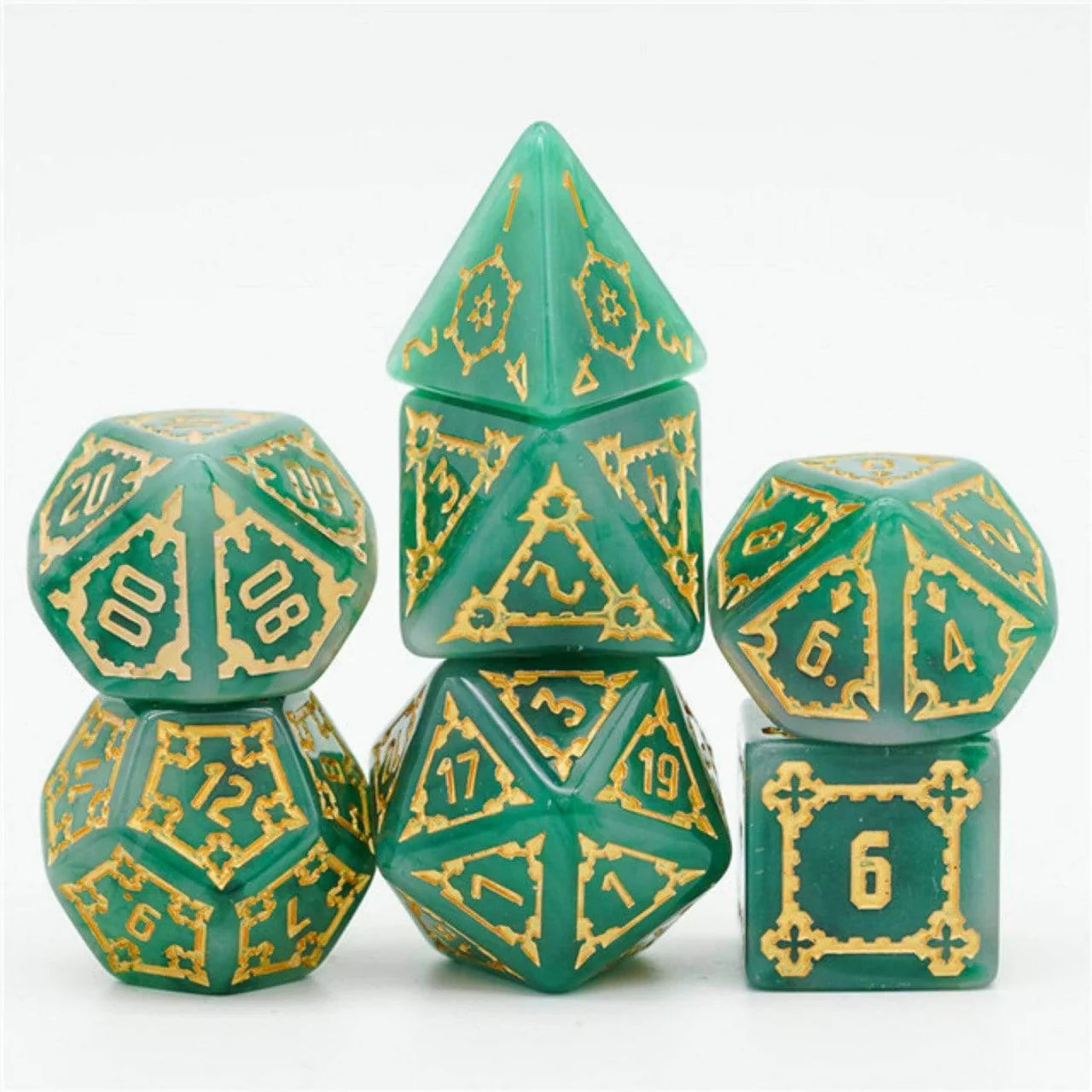 Green and gold 25mm polyhedral dice set for D&D tabletop role-playing games.