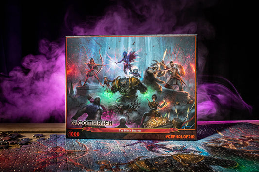 Gloomhaven 1000-piece Puzzle: The Black Barrow on top of a completed board game, with purple smoke in the background.