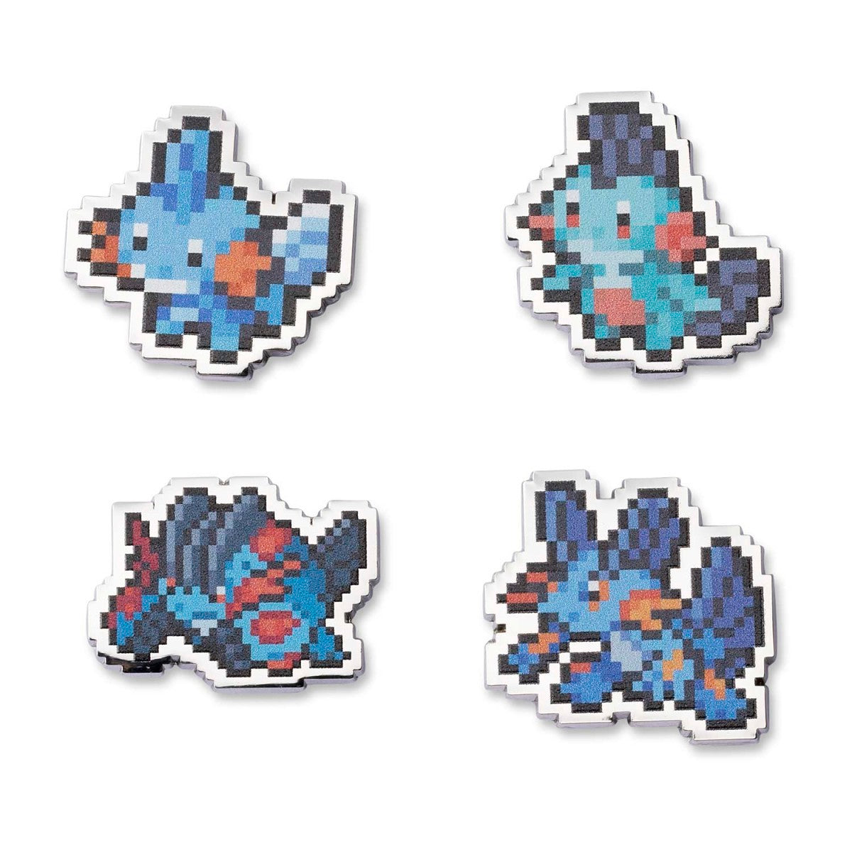 Mudkip, Marshtomp, Swampert, and Mega Swampert pixel pins 4-pack featuring each Pokémon in white-outlined sprite style.