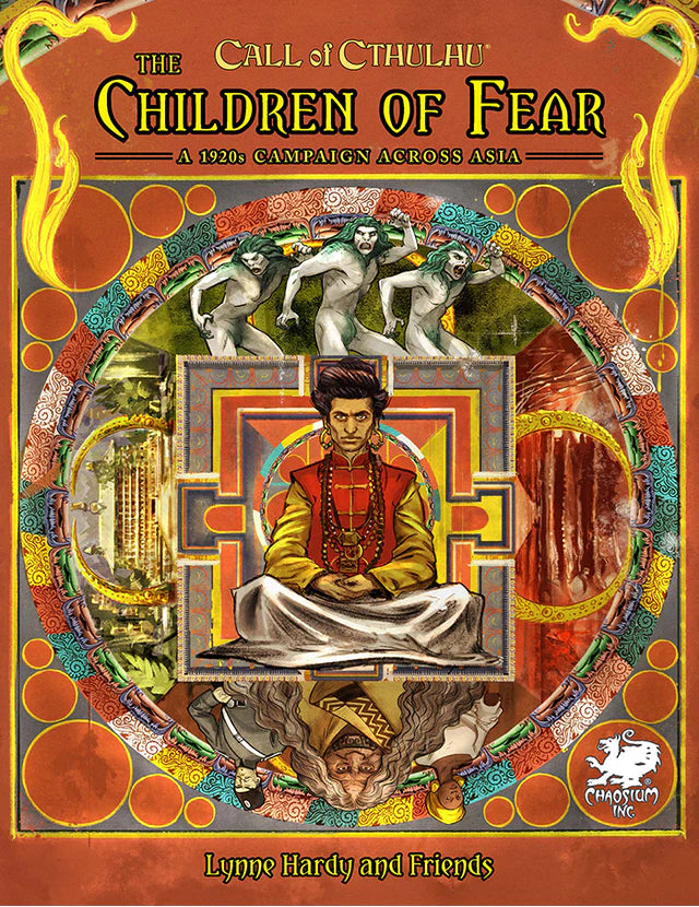 Call of Cthulhu: The Children of Fear product featuring a person meditating amid themed figures and patterns.